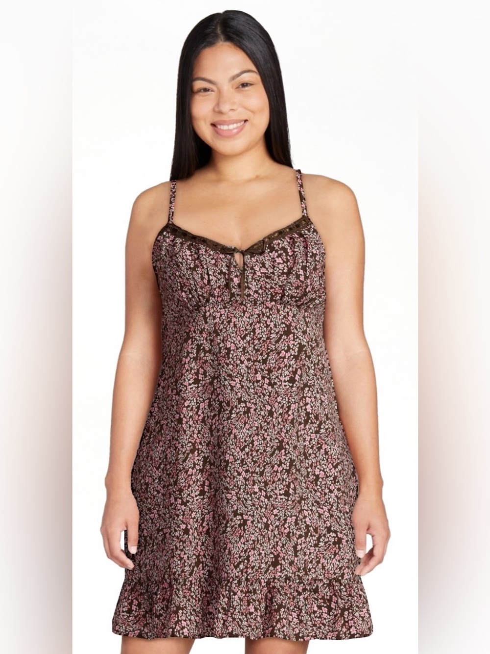 No Boundaries Brown Floral Lace-Trim Mini Dress with Pink Accents